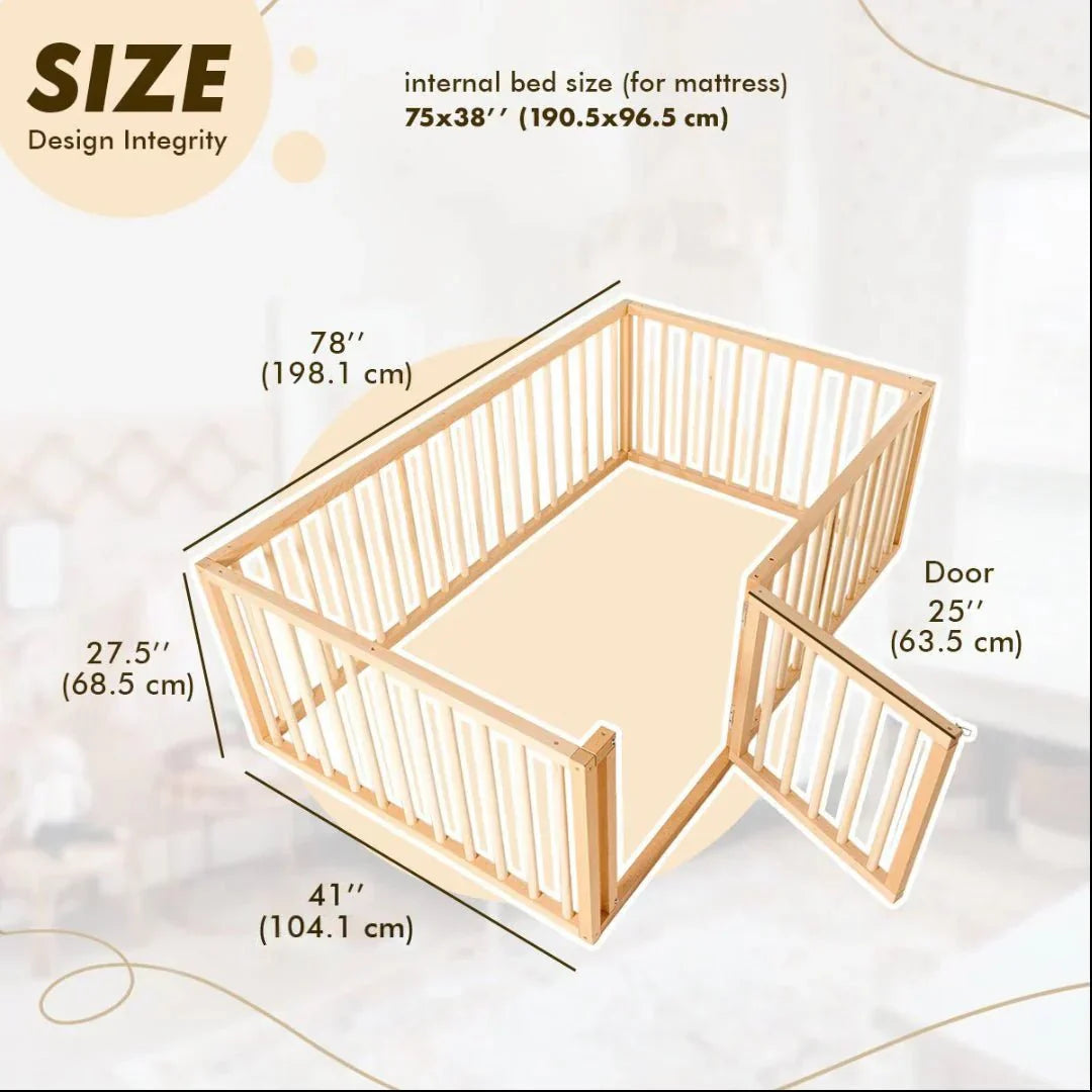Full Montessori Floor Bed Frame for Toddlers with Fence-5