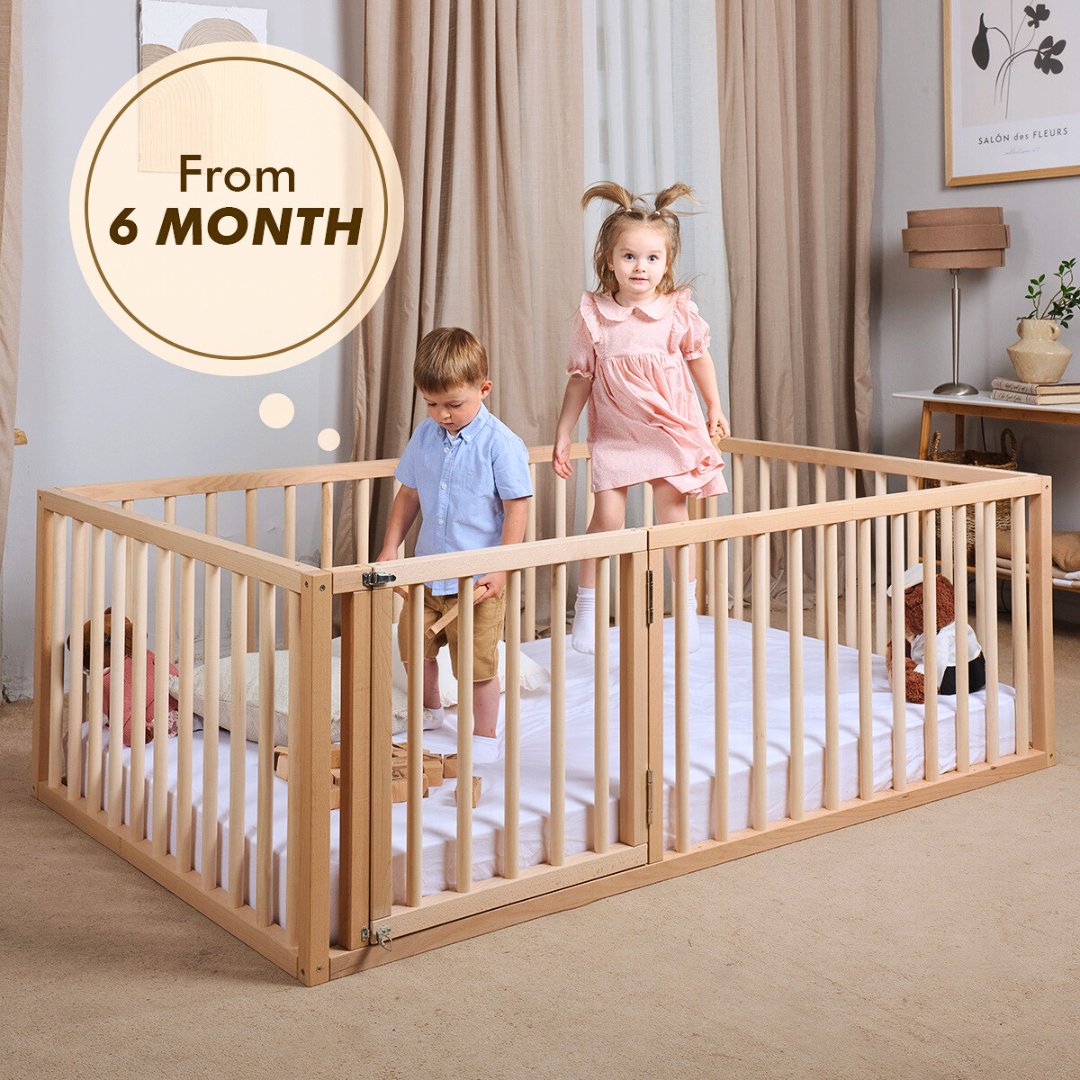 Full Montessori Floor Bed Frame for Toddlers with Fence-1